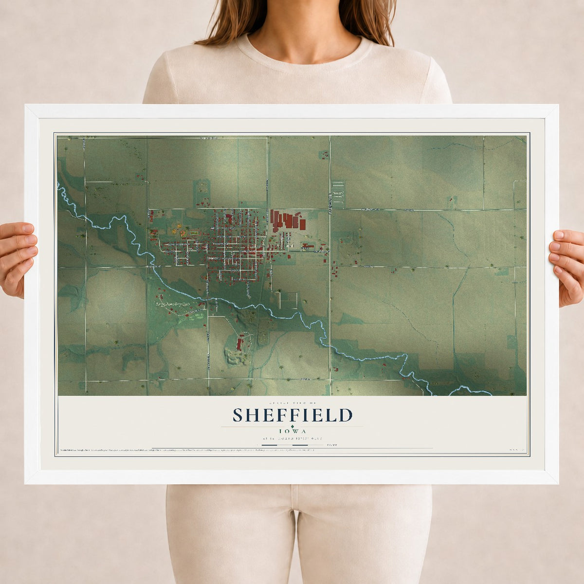 Map of Sheffield, Iowa, 18 x 24 inch print in a white wood frame