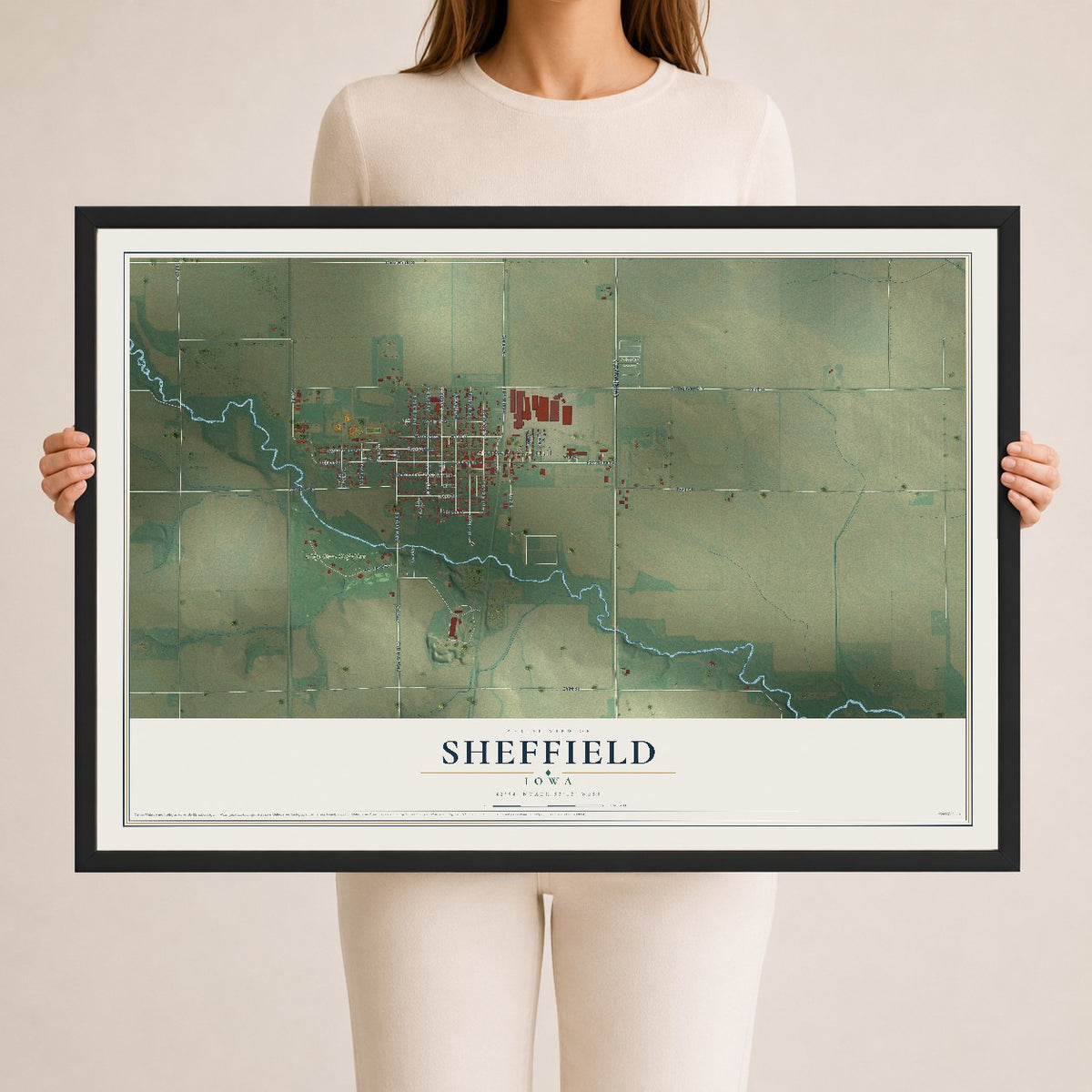 Map of Sheffield, Iowa, 24 x 36 inch print in a black wood frame