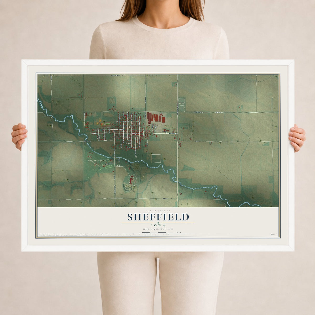 Map of Sheffield, Iowa, 24 x 36 inch print in a white wood frame