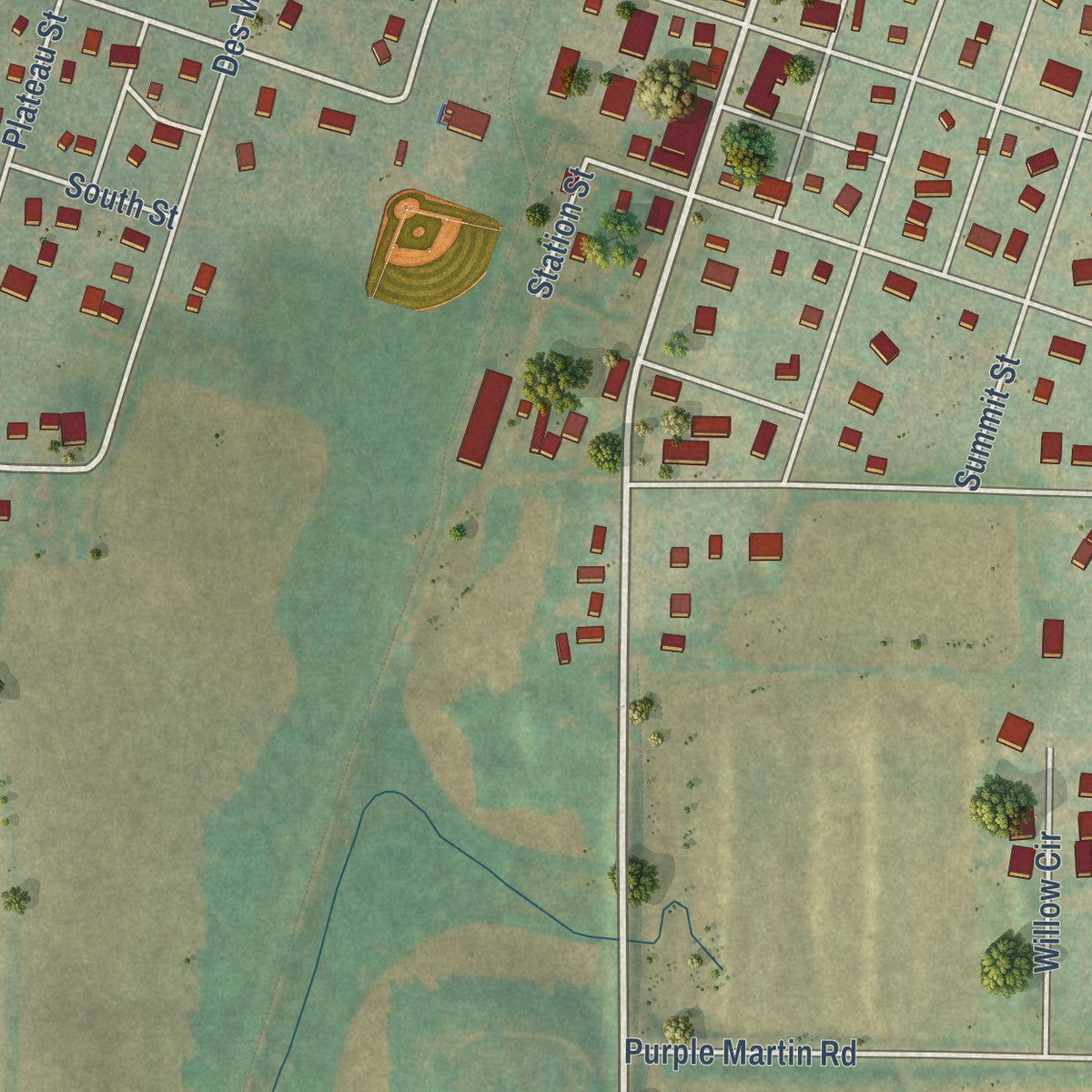 Close-up of the map of Shelby, Iowa print showing street and building detail
