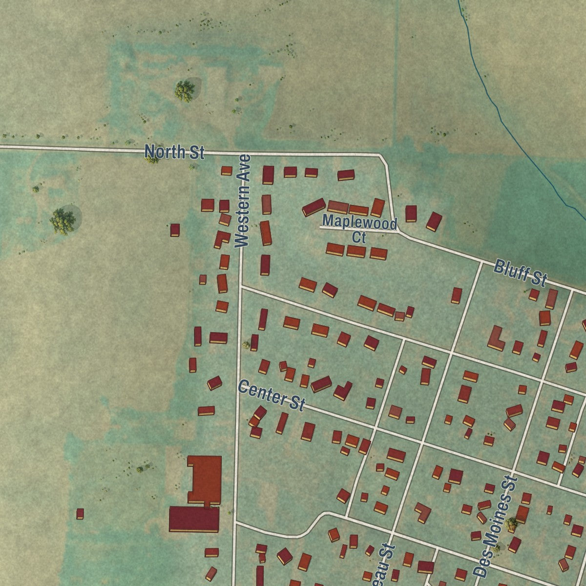 Second close-up of the map of Shelby, Iowa print showing more streets and buildings
