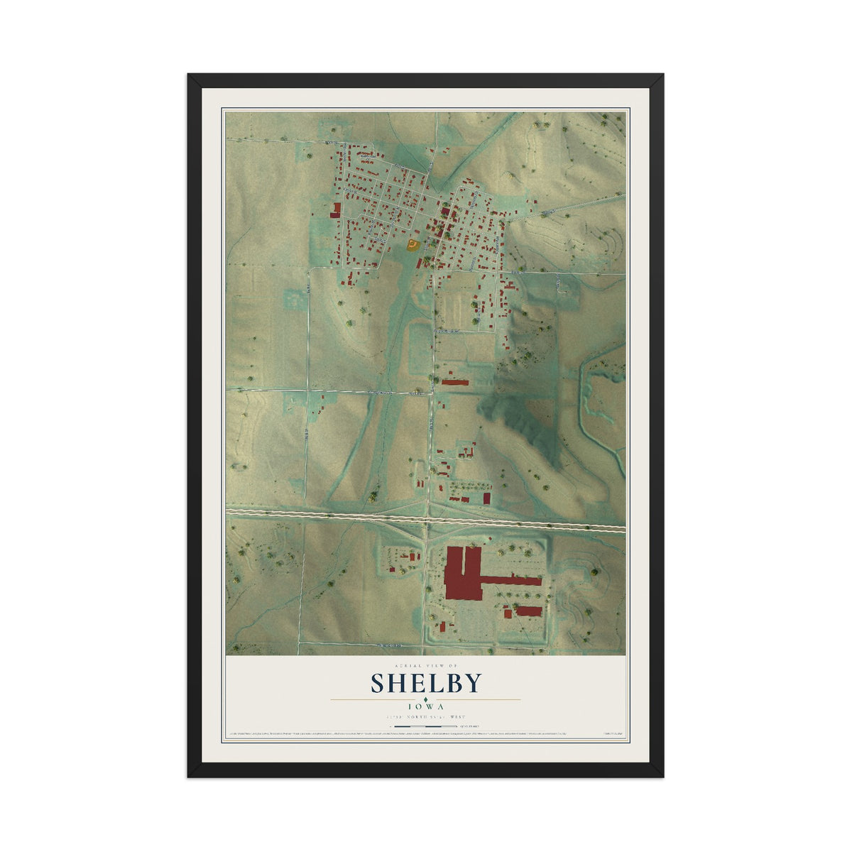 Map of Shelby, Iowa, 12 x 18 inch print in a black wood frame