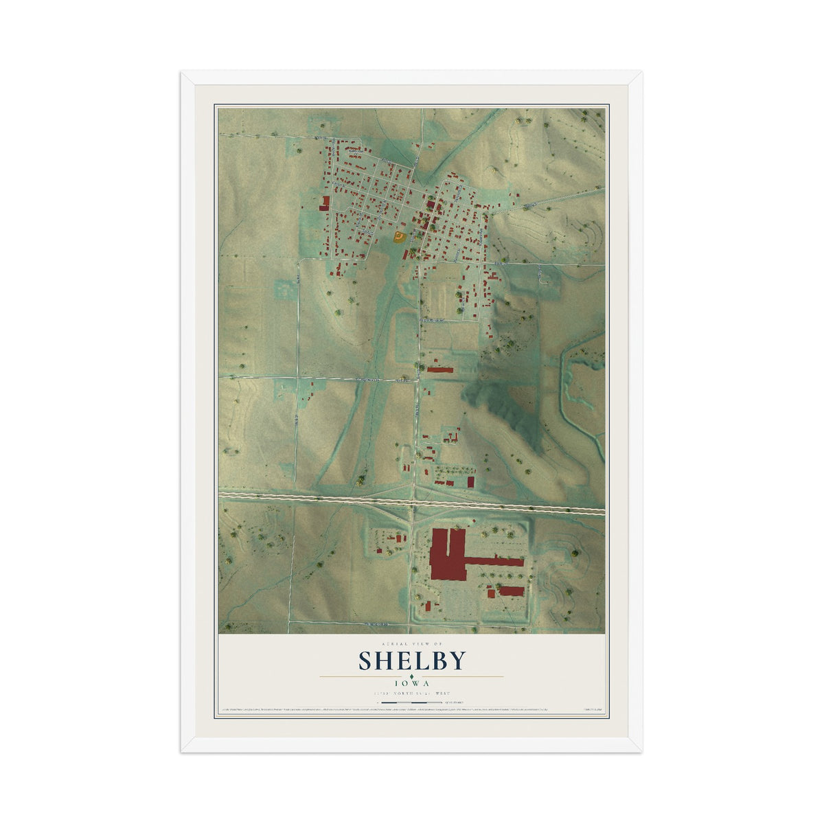 Map of Shelby, Iowa, 12 x 18 inch print in a white wood frame