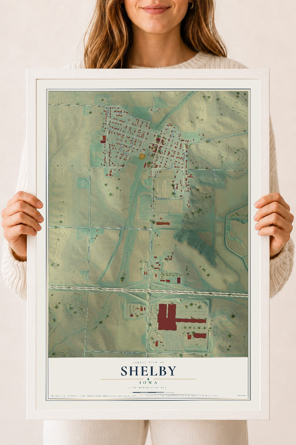 Map of Shelby, Iowa, 18 x 24 inch print in a white wood frame