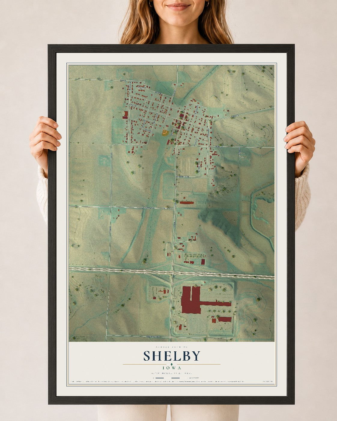 Map of Shelby, Iowa, 24 x 36 inch print in a black wood frame