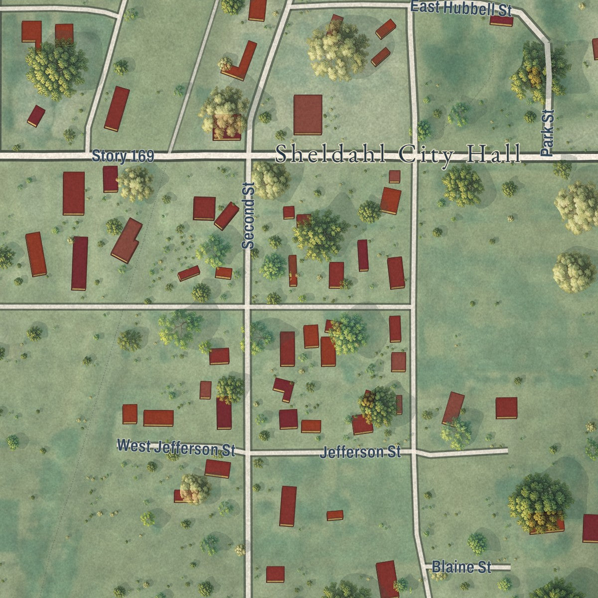 Close-up of the map of Sheldahl, Iowa print showing street and building detail