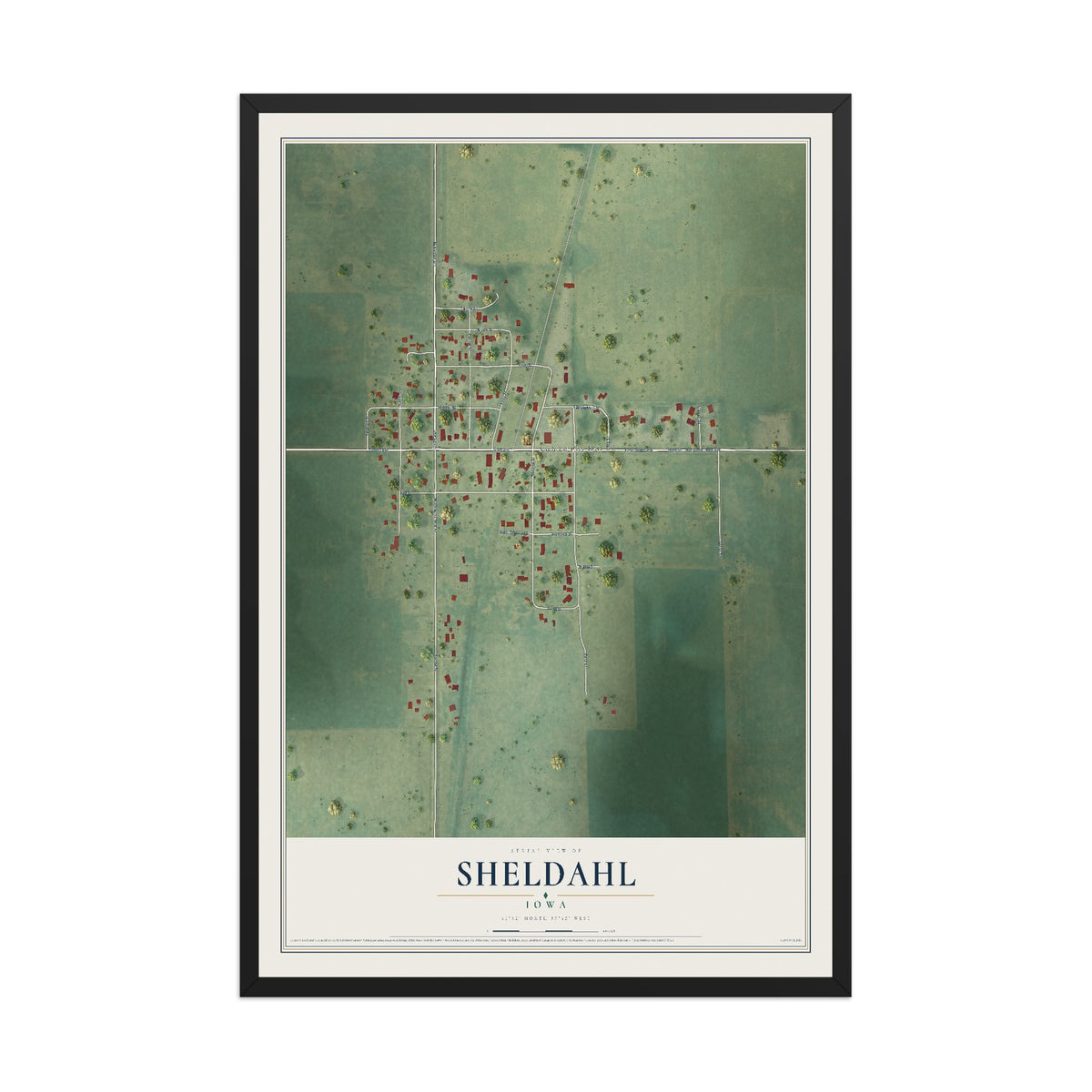 Map of Sheldahl, Iowa, 12 x 18 inch print in a black wood frame