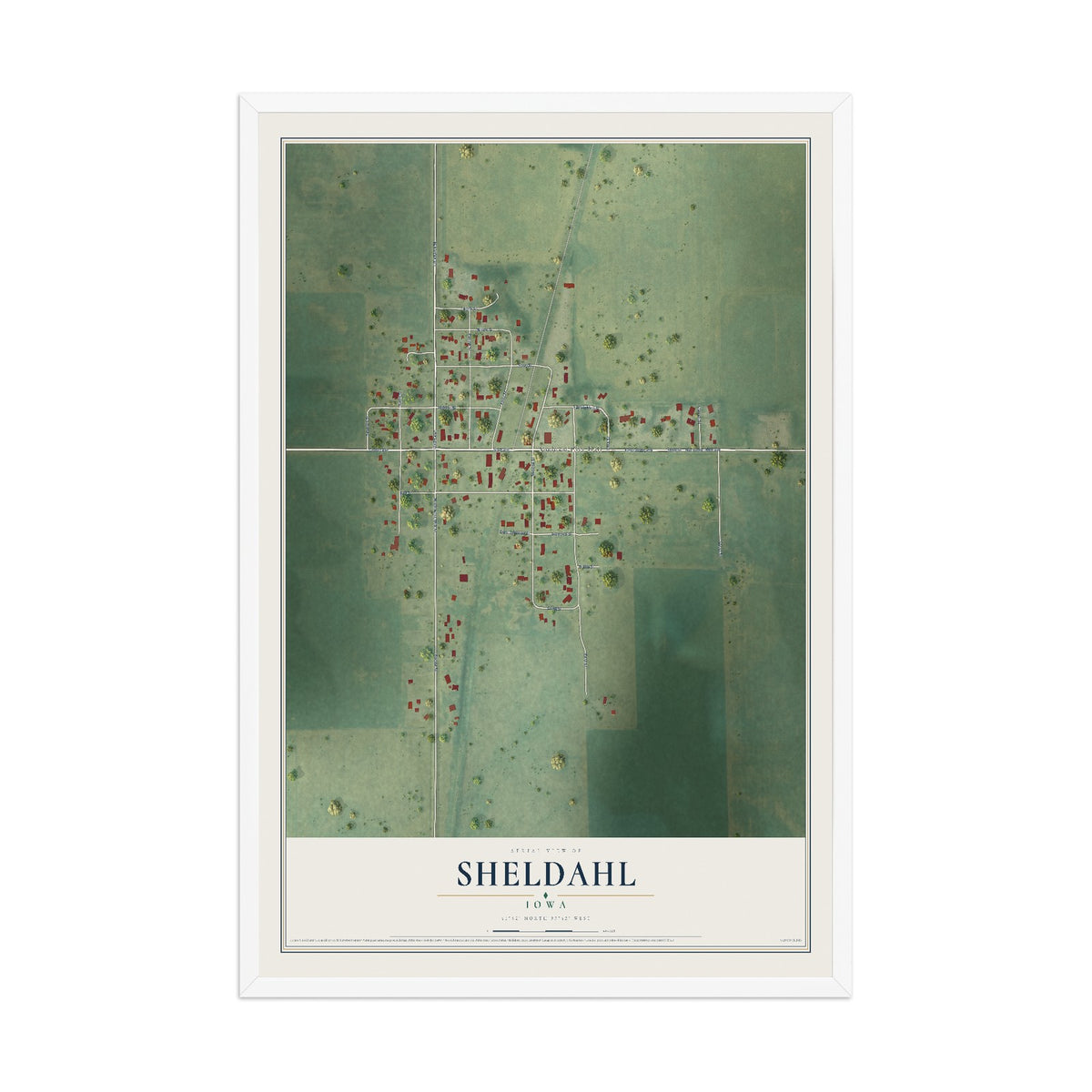 Map of Sheldahl, Iowa, 12 x 18 inch print in a white wood frame