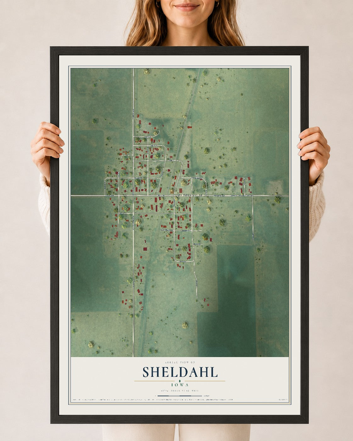 Map of Sheldahl, Iowa, 24 x 36 inch print in a black wood frame