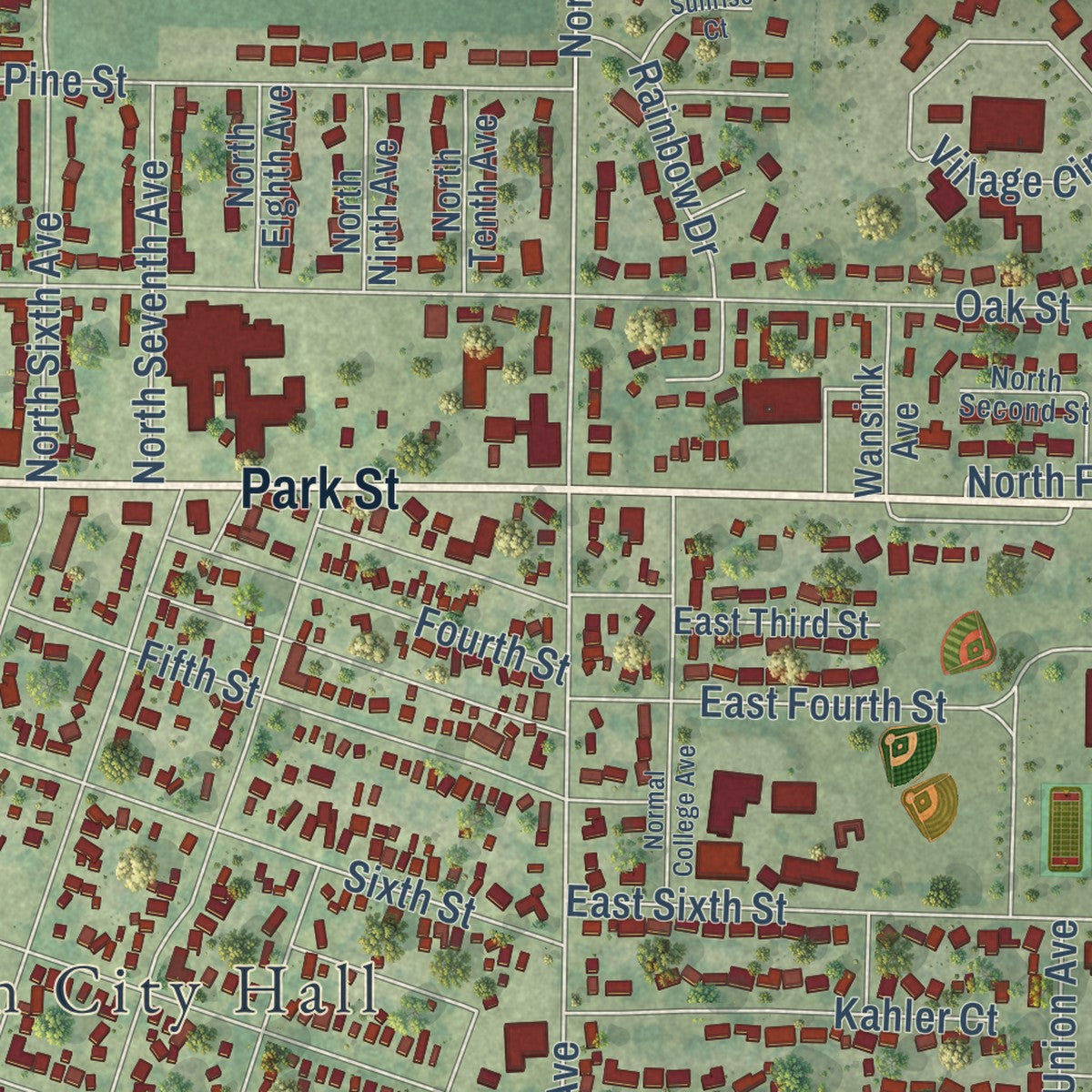 Close-up of the map of Sheldon, Iowa print showing street and building detail