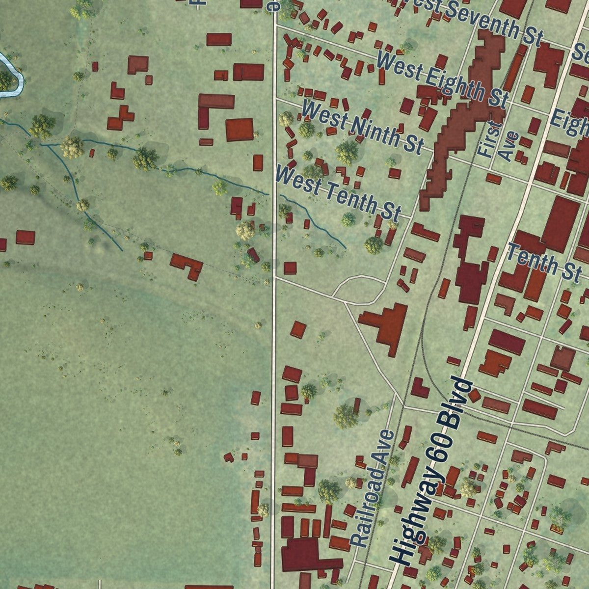 Second close-up of the map of Sheldon, Iowa print showing more streets and buildings