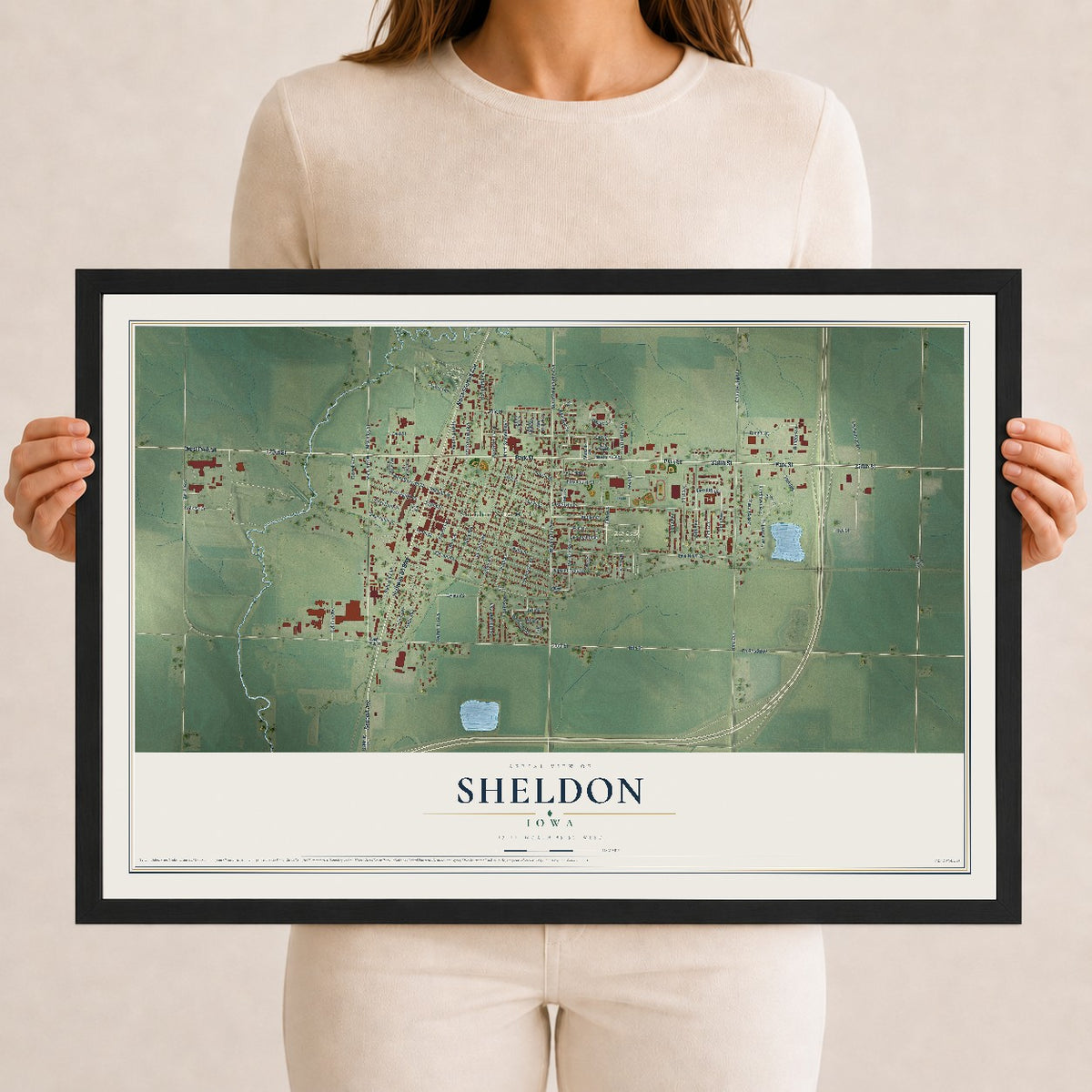 Map of Sheldon, Iowa, 12 x 18 inch print in a black wood frame