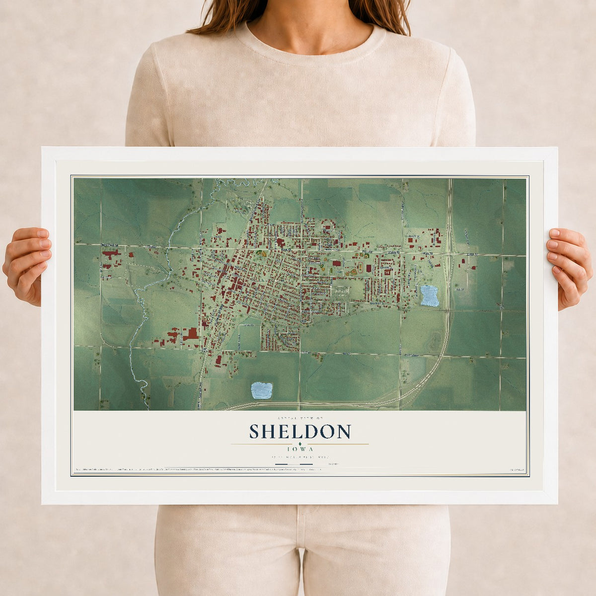 Map of Sheldon, Iowa, 12 x 18 inch print in a white wood frame
