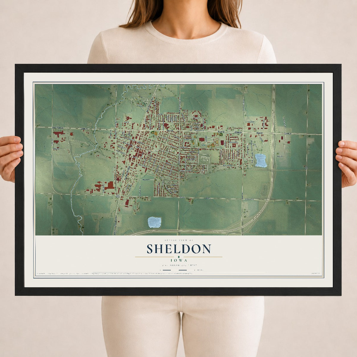 Map of Sheldon, Iowa, 18 x 24 inch print in a black wood frame