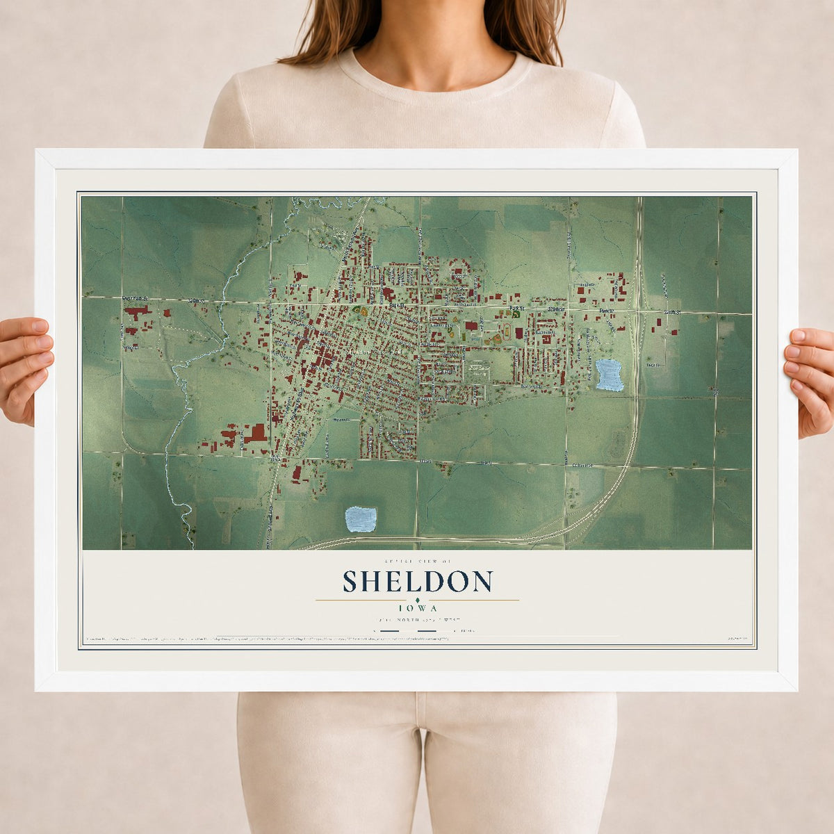 Map of Sheldon, Iowa, 18 x 24 inch print in a white wood frame