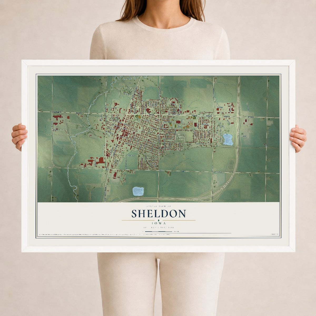 Map of Sheldon, Iowa, 24 x 36 inch print in a white wood frame