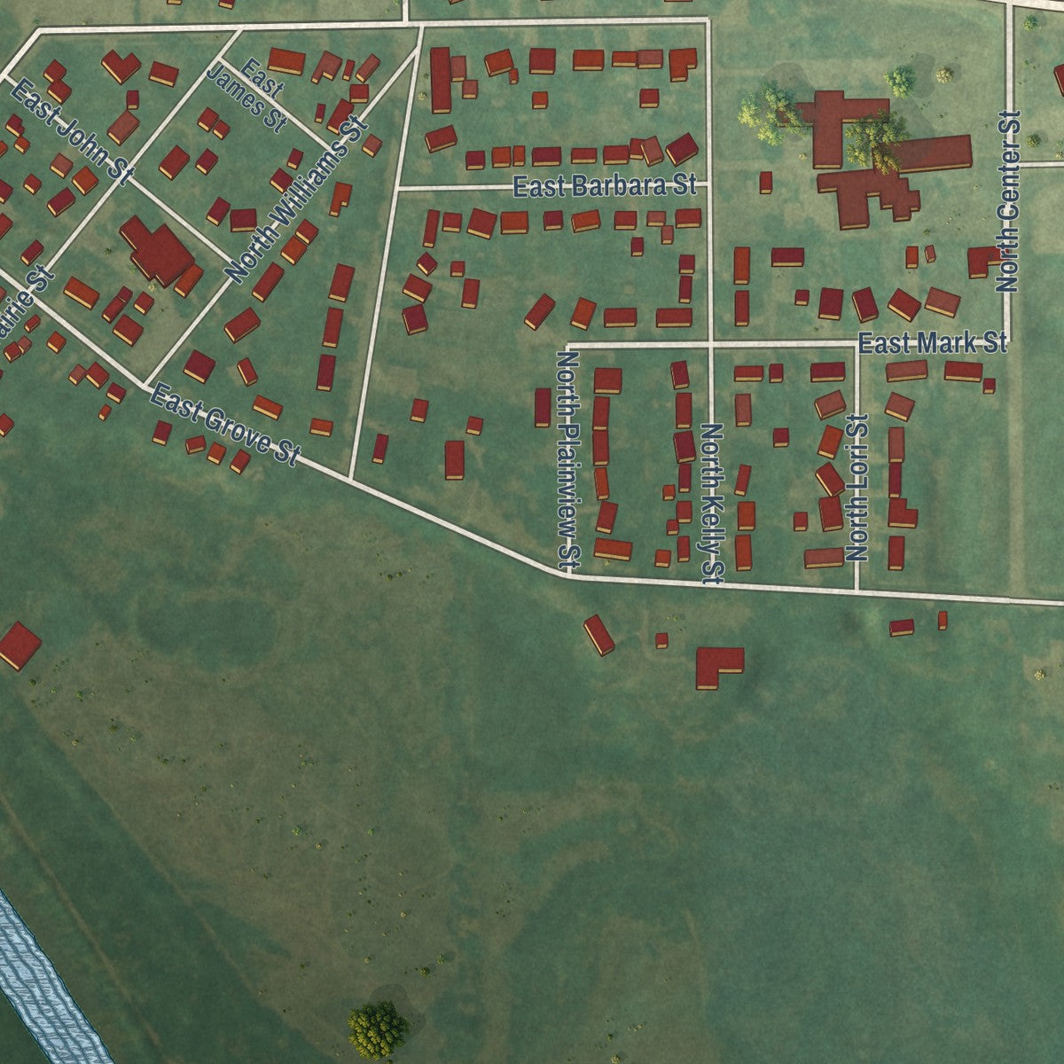 Second close-up of the map of Shell Rock, Iowa print showing more streets and buildings