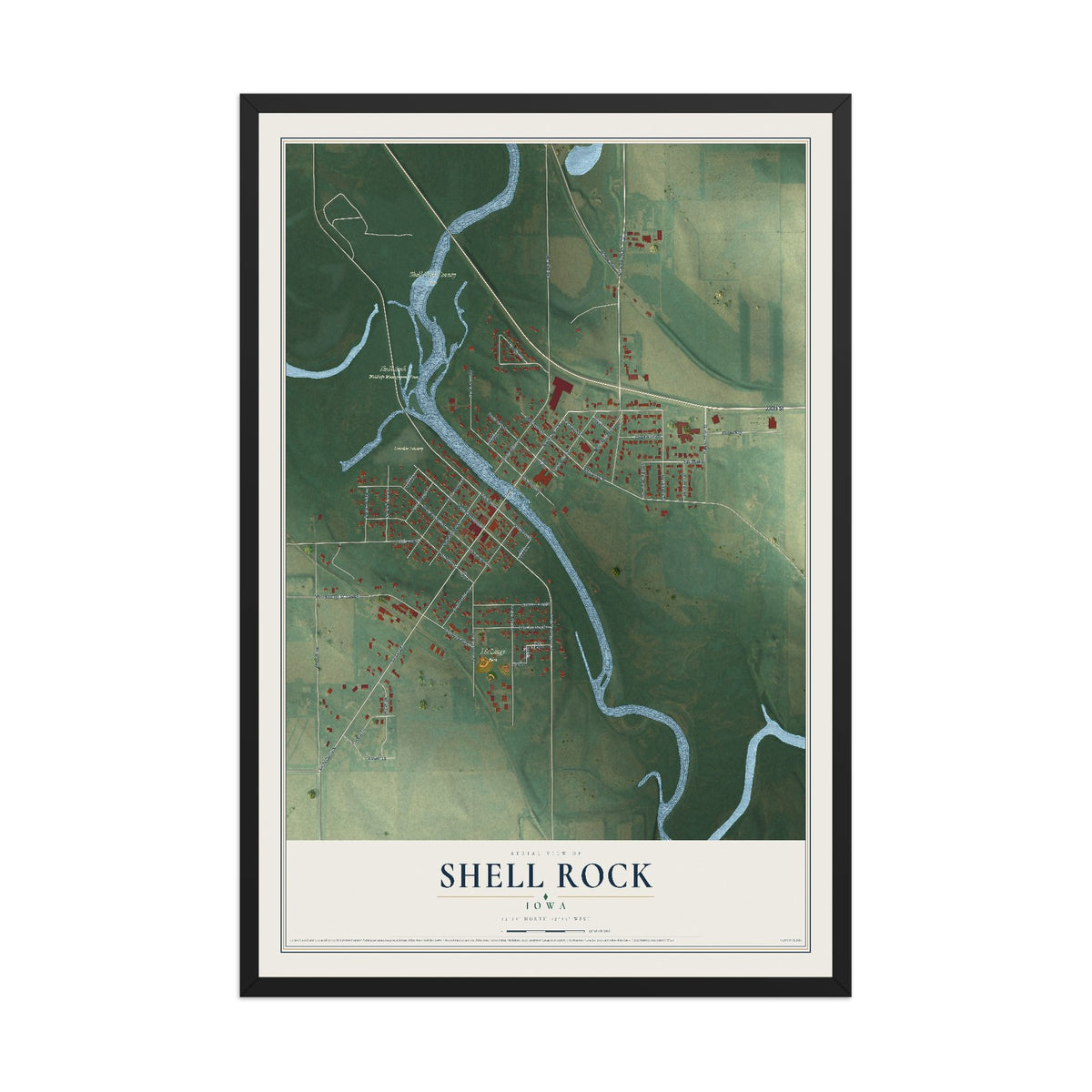 Map of Shell Rock, Iowa, 12 x 18 inch print in a black wood frame