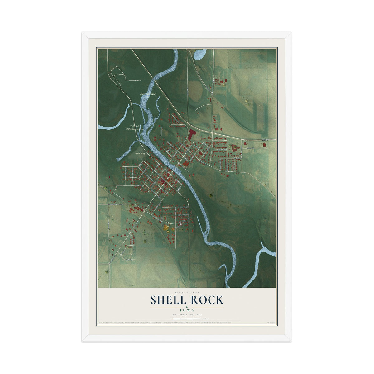 Map of Shell Rock, Iowa, 12 x 18 inch print in a white wood frame