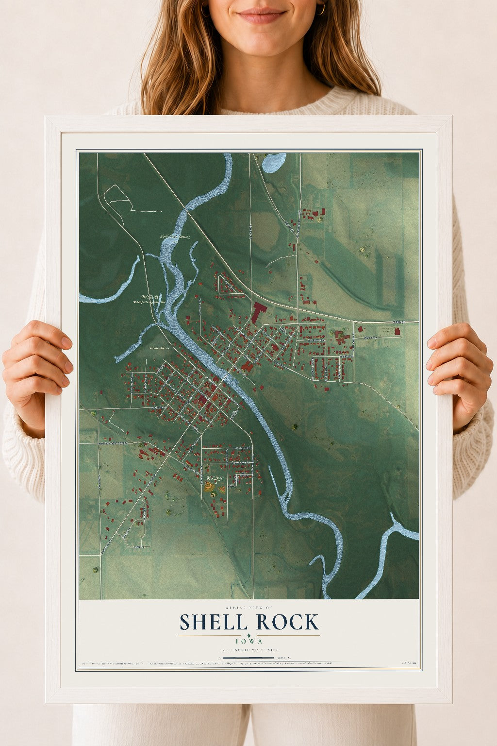 Map of Shell Rock, Iowa, 18 x 24 inch print in a white wood frame