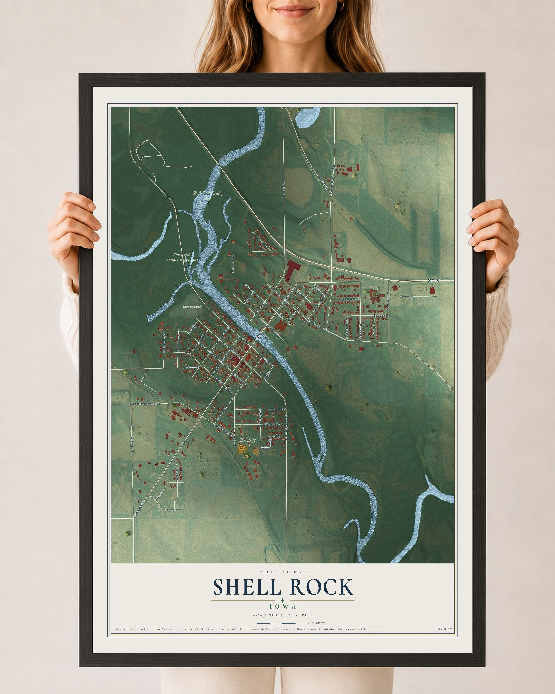 Map of Shell Rock, Iowa, 24 x 36 inch print in a black wood frame