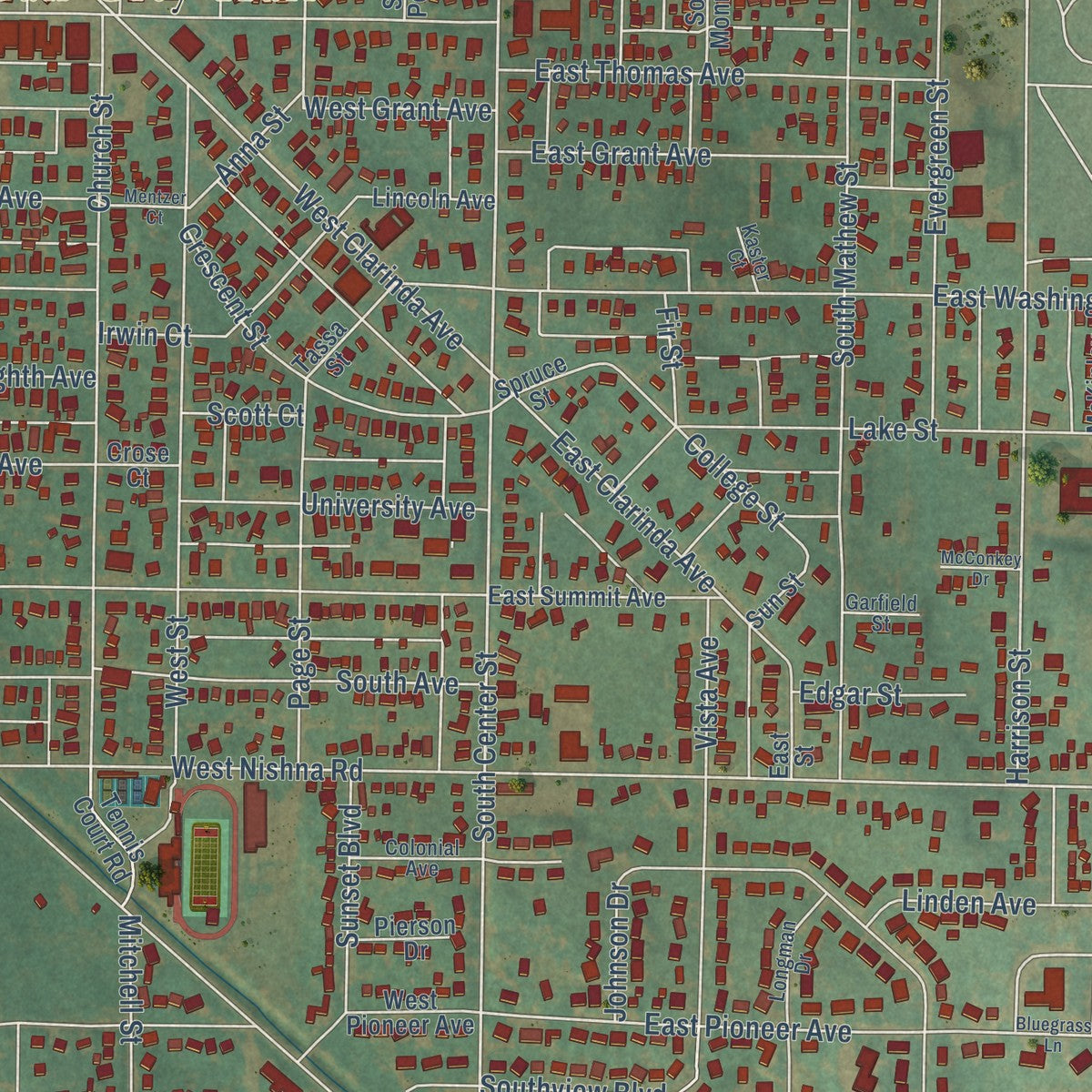 Close-up of the map of Shenandoah, Iowa print showing street and building detail