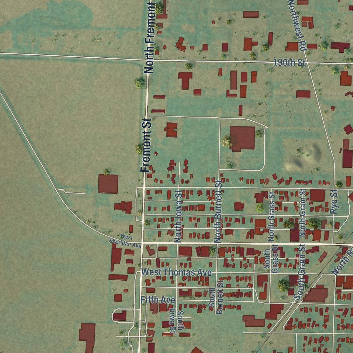 Second close-up of the map of Shenandoah, Iowa print showing more streets and buildings