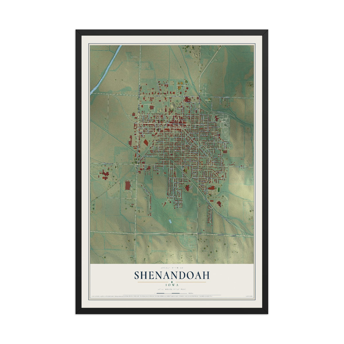 Map of Shenandoah, Iowa, 12 x 18 inch print in a black wood frame