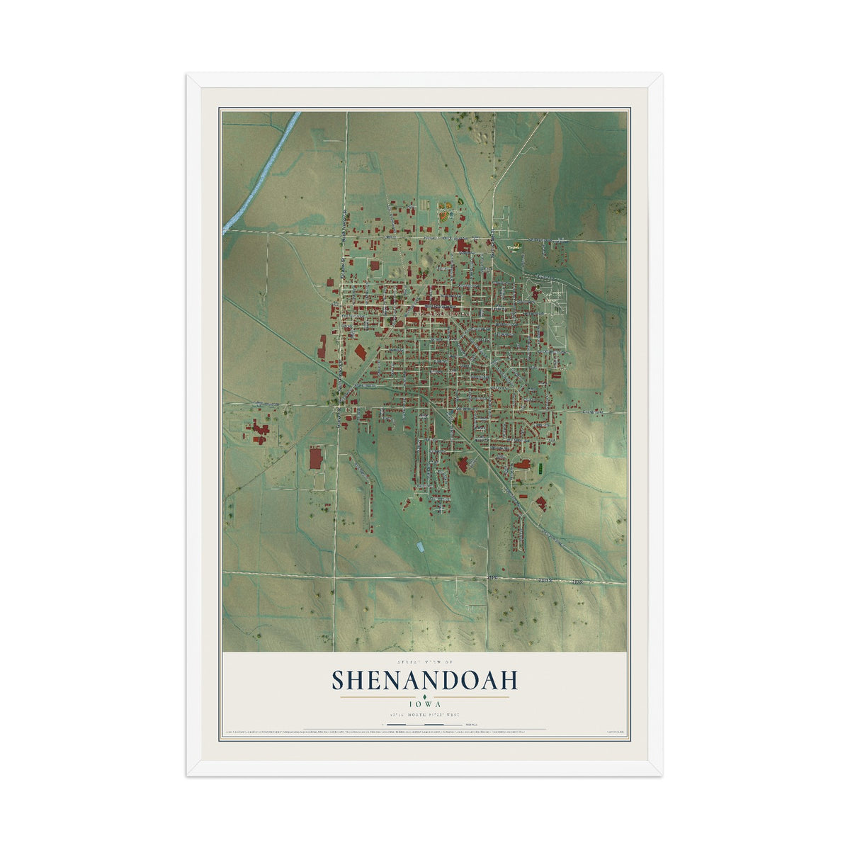 Map of Shenandoah, Iowa, 12 x 18 inch print in a white wood frame