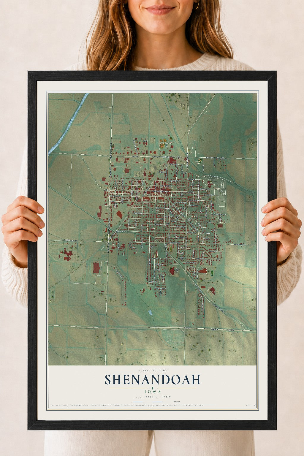 Map of Shenandoah, Iowa, 18 x 24 inch print in a black wood frame