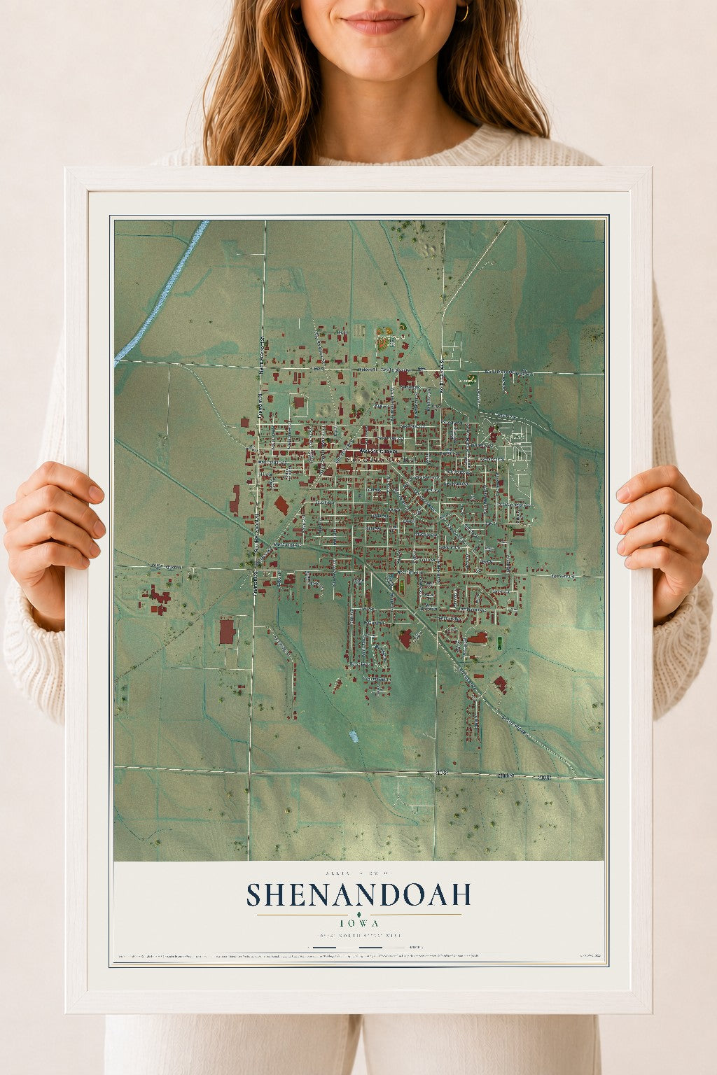 Map of Shenandoah, Iowa, 18 x 24 inch print in a white wood frame
