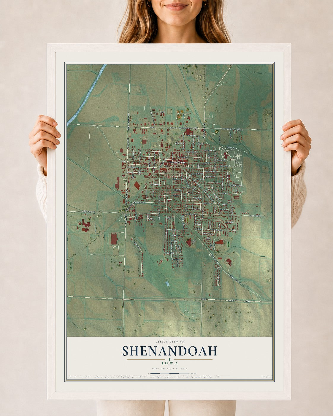 Map of Shenandoah, Iowa, 24 x 36 inch print in a white wood frame