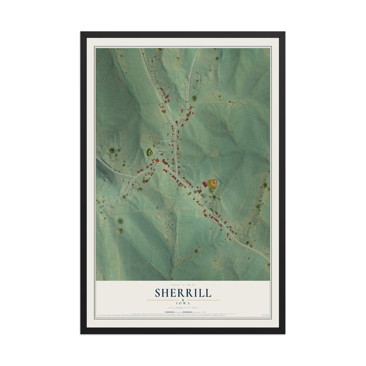 Map of Sherrill, Iowa, 12 x 18 inch print in a black wood frame