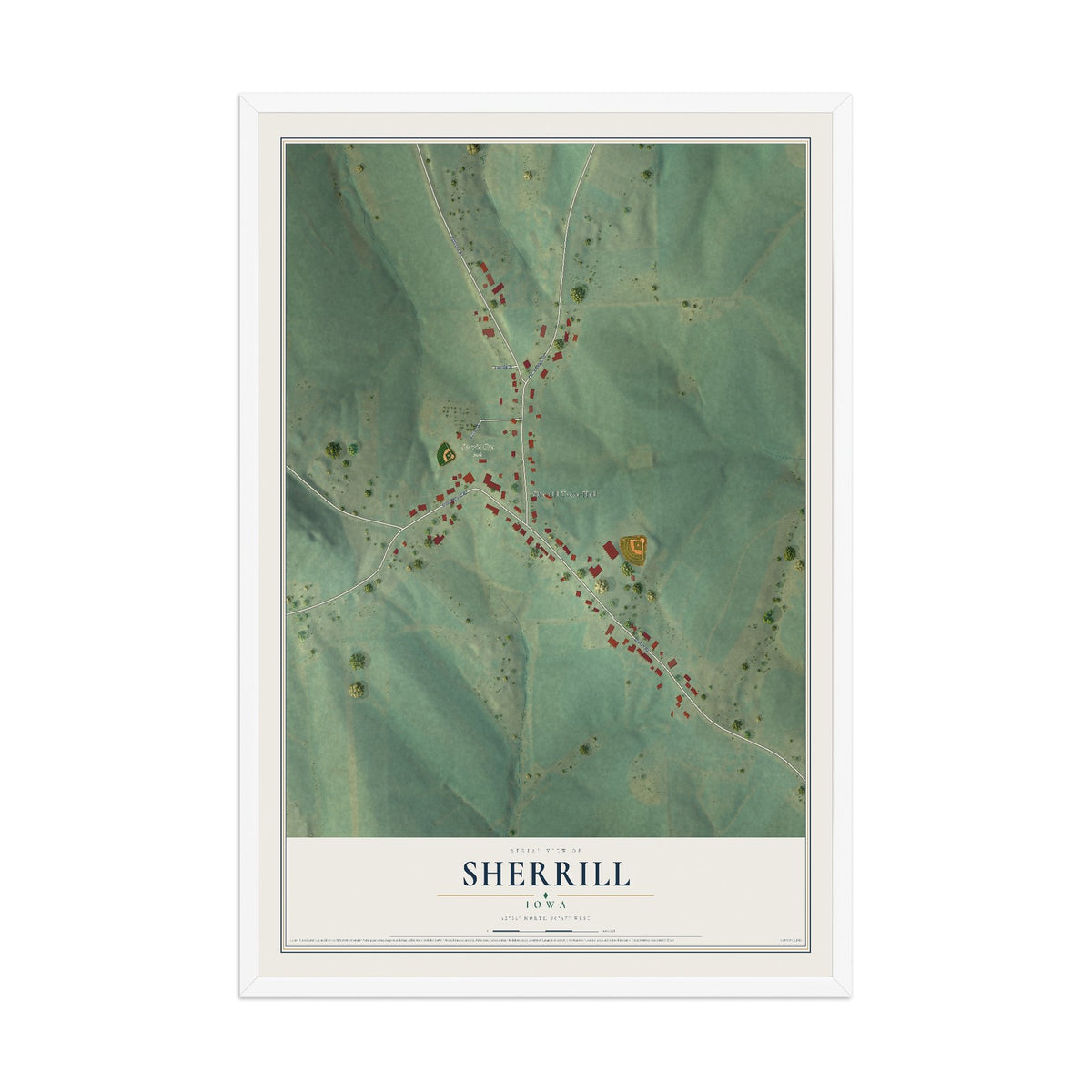 Map of Sherrill, Iowa, 12 x 18 inch print in a white wood frame