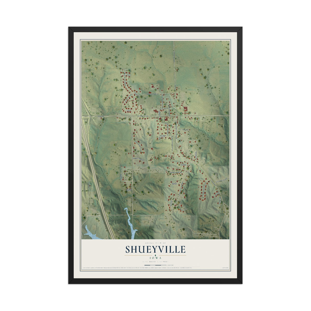 Map of Shueyville, Iowa, 12 x 18 inch print in a black wood frame