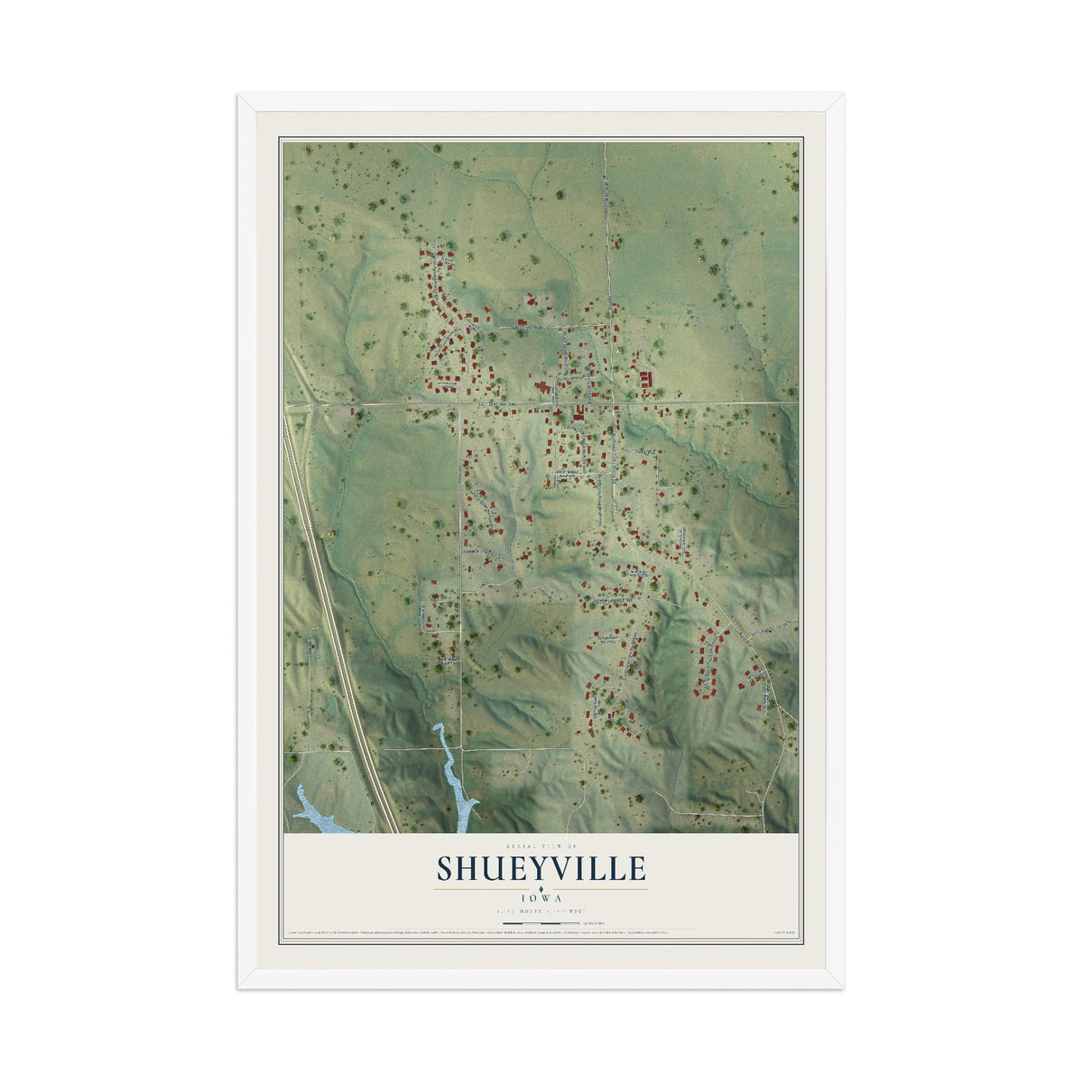 Map of Shueyville, Iowa, 12 x 18 inch print in a white wood frame