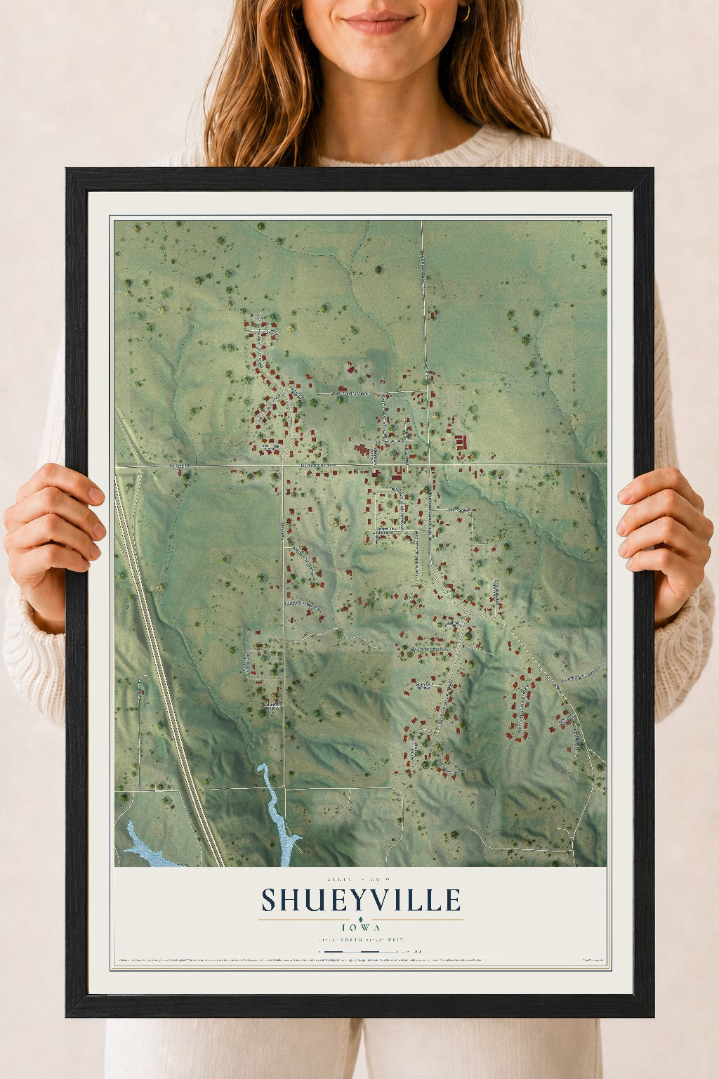 Map of Shueyville, Iowa, 18 x 24 inch print in a black wood frame