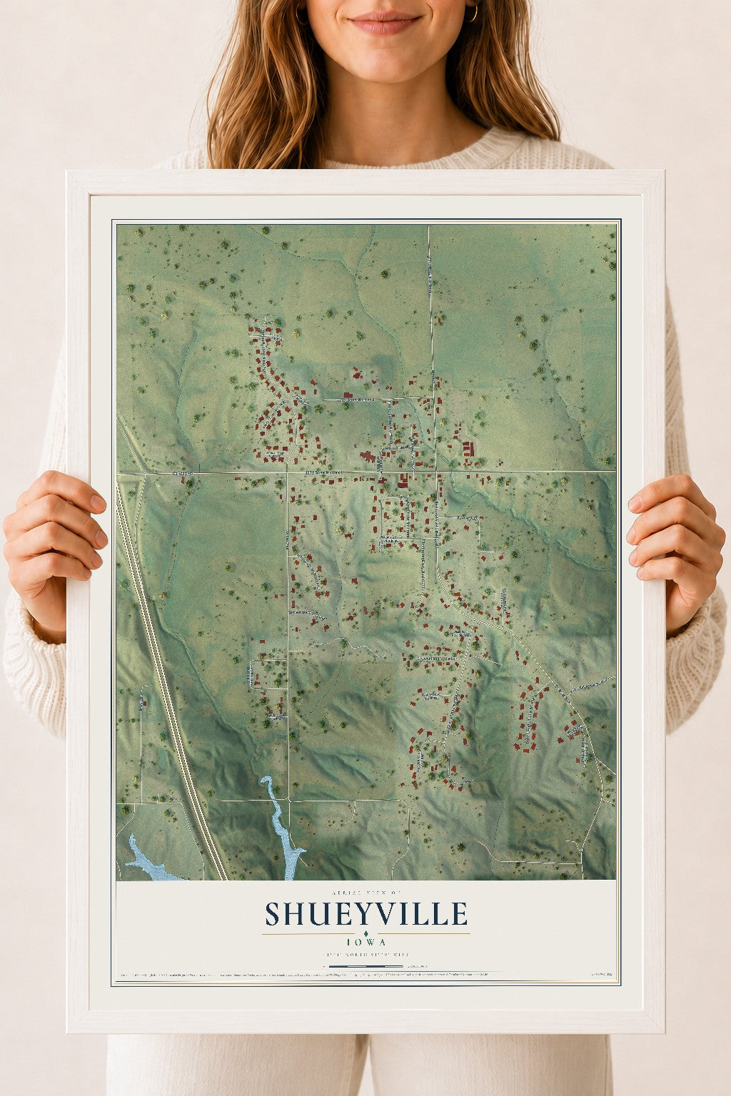 Map of Shueyville, Iowa, 18 x 24 inch print in a white wood frame
