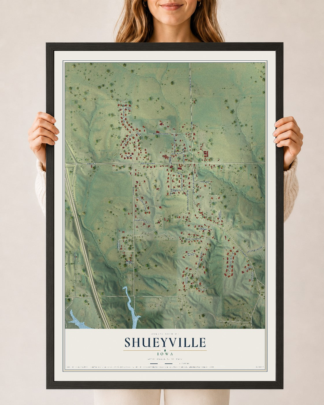 Map of Shueyville, Iowa, 24 x 36 inch print in a black wood frame