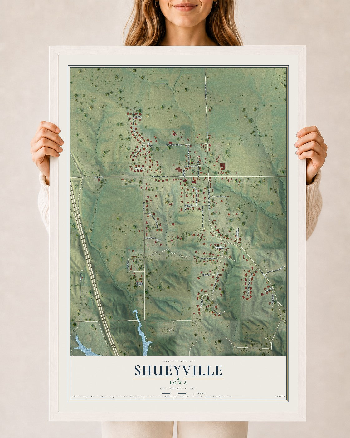 Map of Shueyville, Iowa, 24 x 36 inch print in a white wood frame