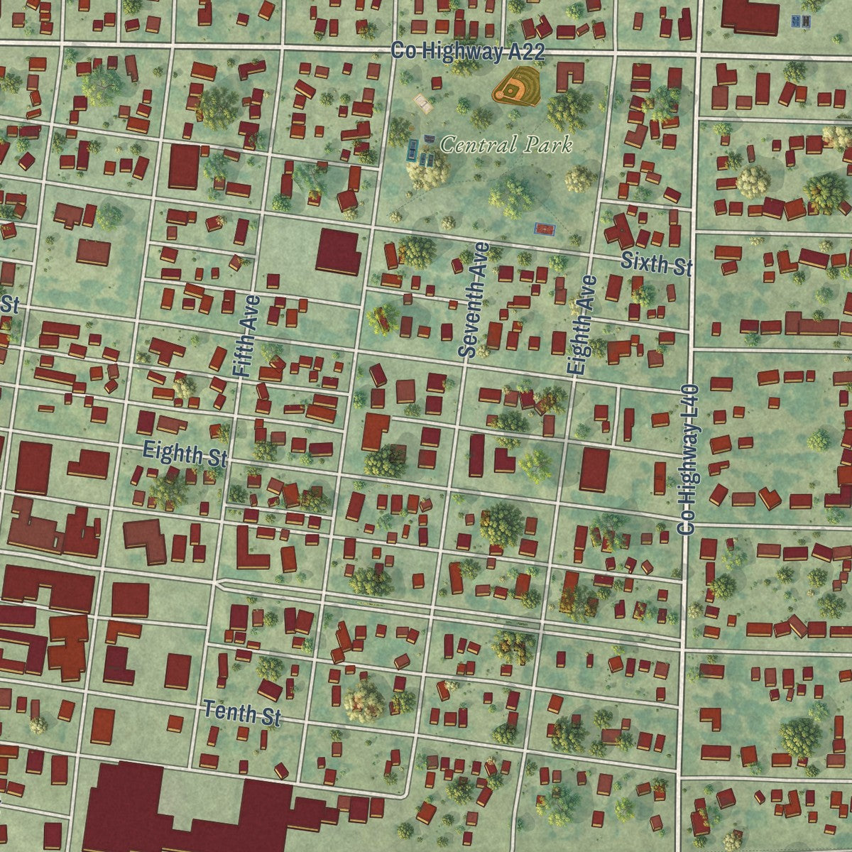 Close-up of the map of Sibley, Iowa print showing street and building detail
