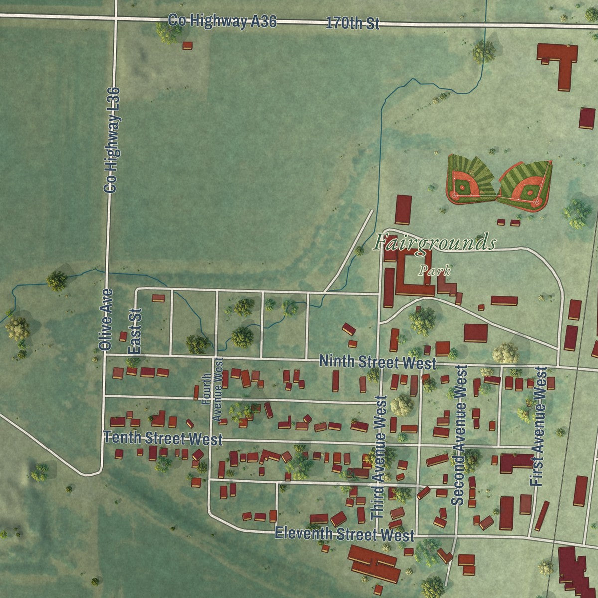 Second close-up of the map of Sibley, Iowa print showing more streets and buildings