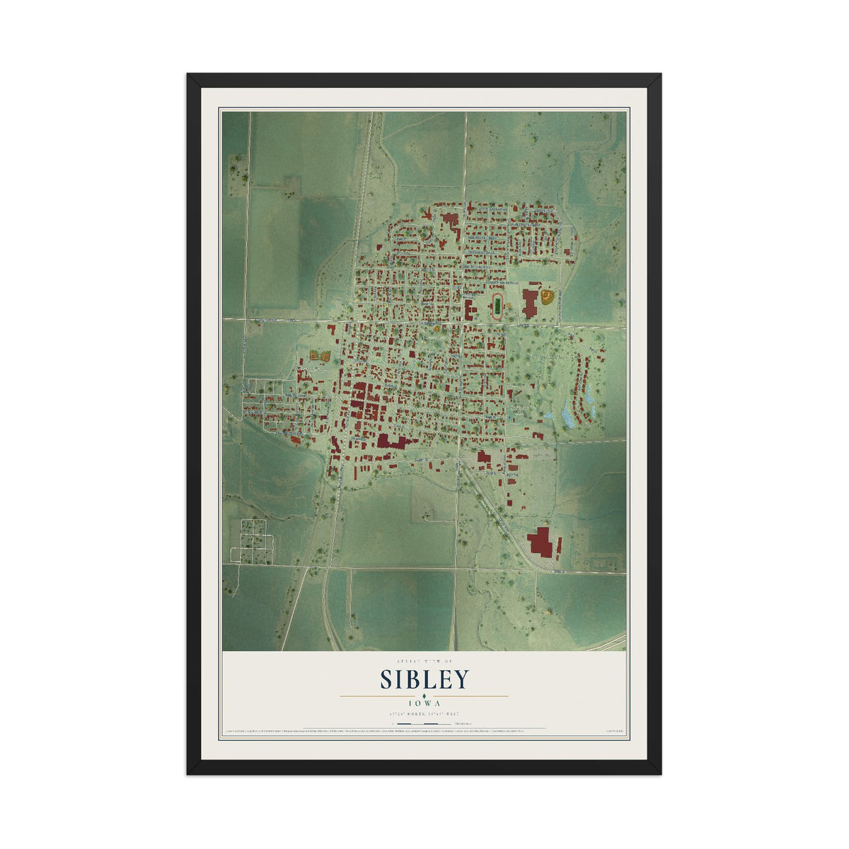 Map of Sibley, Iowa, 12 x 18 inch print in a black wood frame