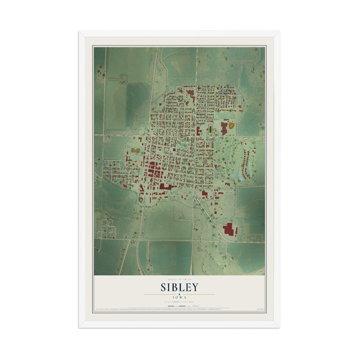 Map of Sibley, Iowa, 12 x 18 inch print in a white wood frame