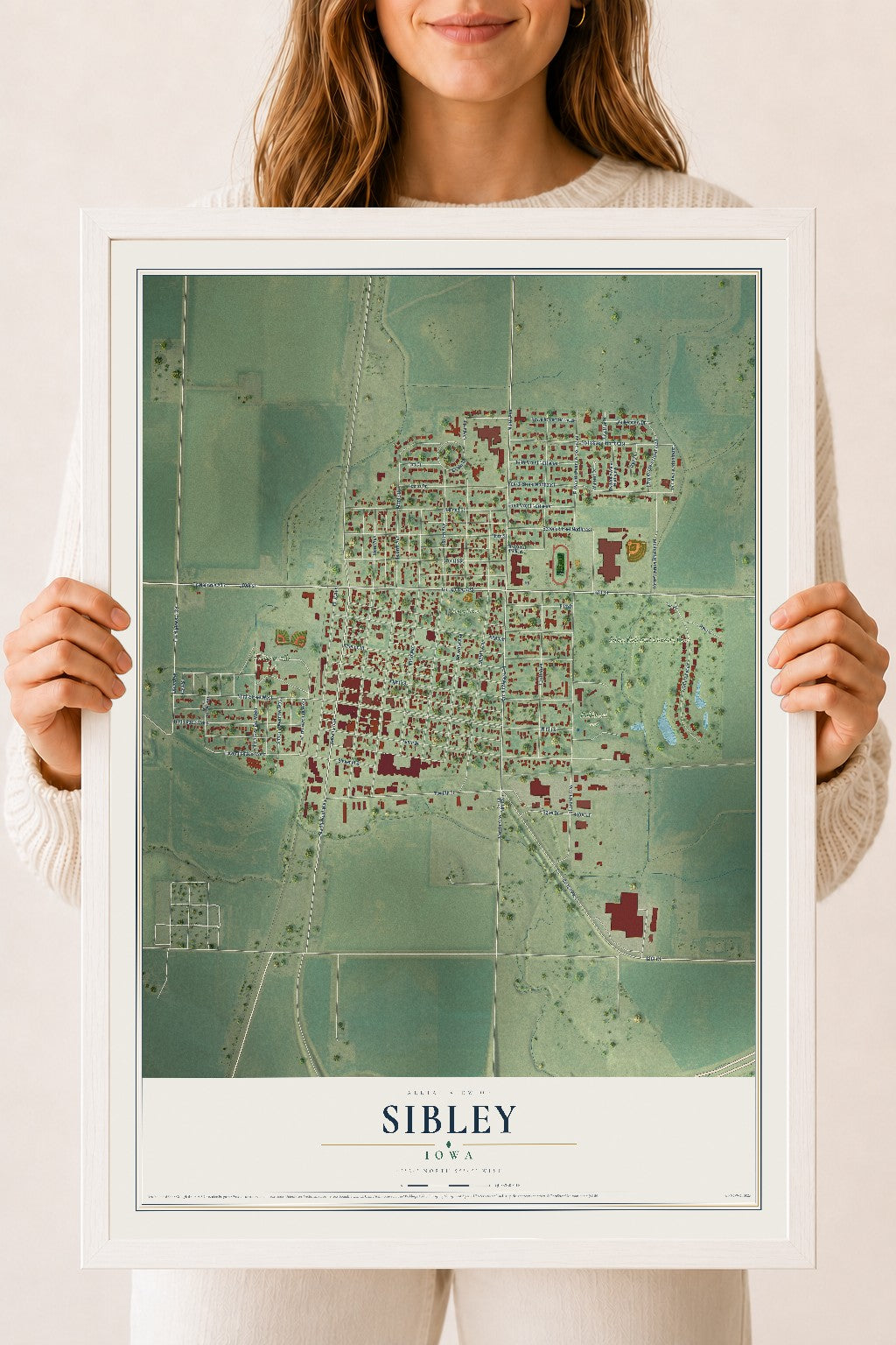 Map of Sibley, Iowa, 18 x 24 inch print in a white wood frame