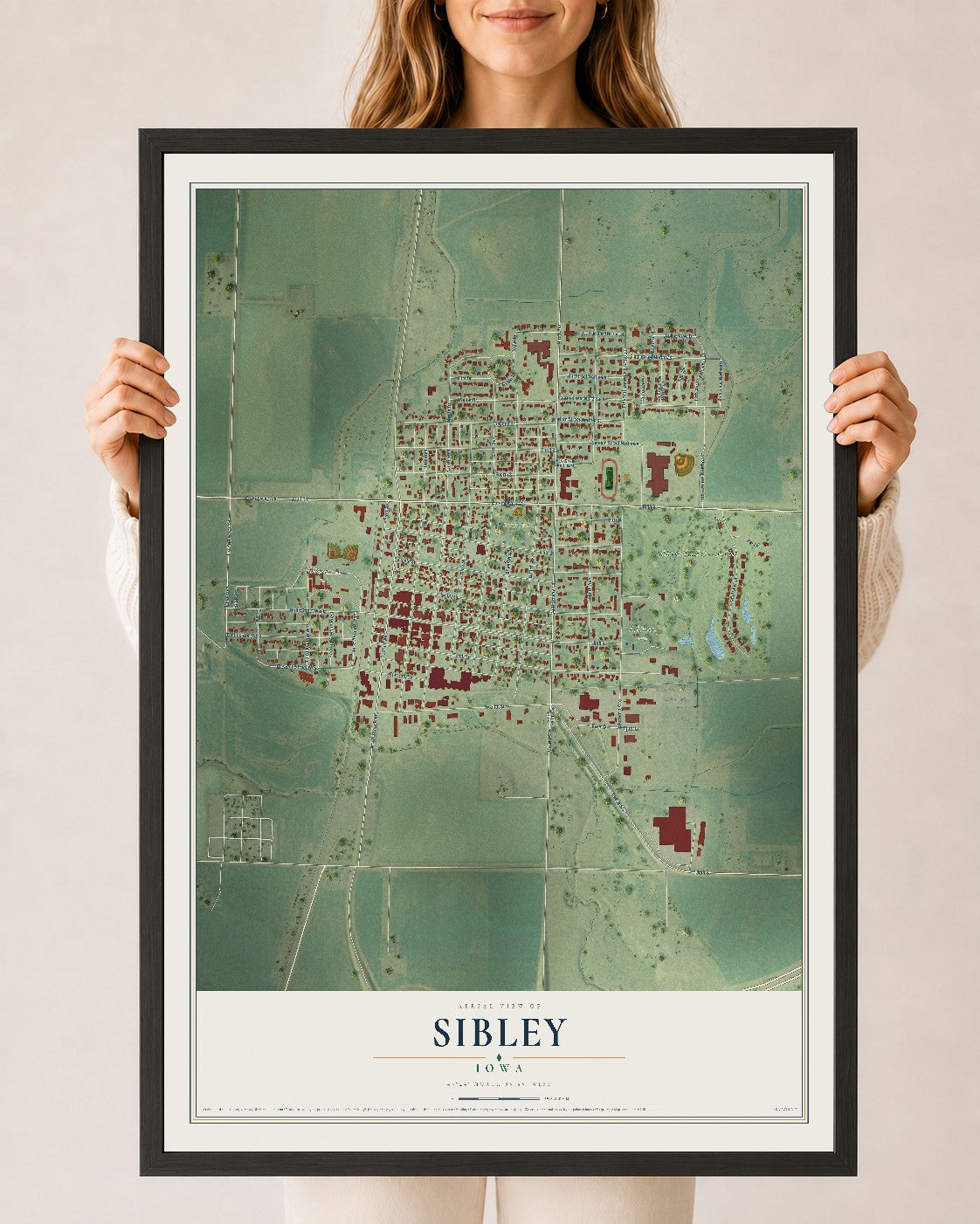 Map of Sibley, Iowa, 24 x 36 inch print in a black wood frame