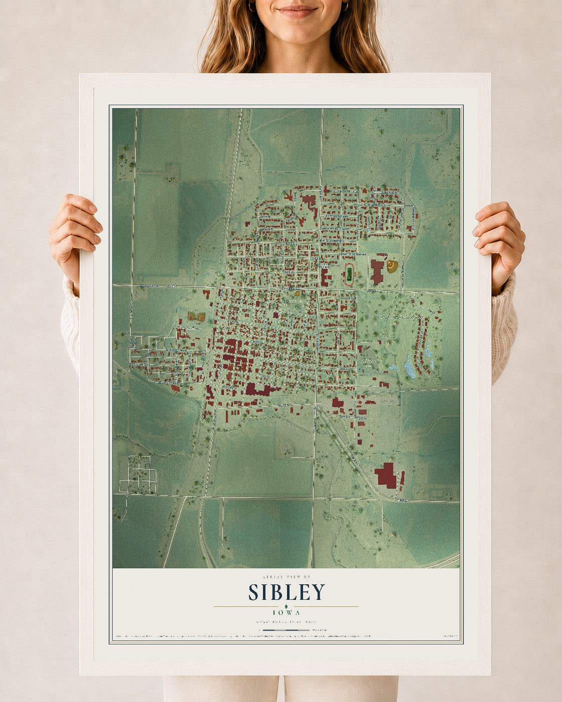 Map of Sibley, Iowa, 24 x 36 inch print in a white wood frame