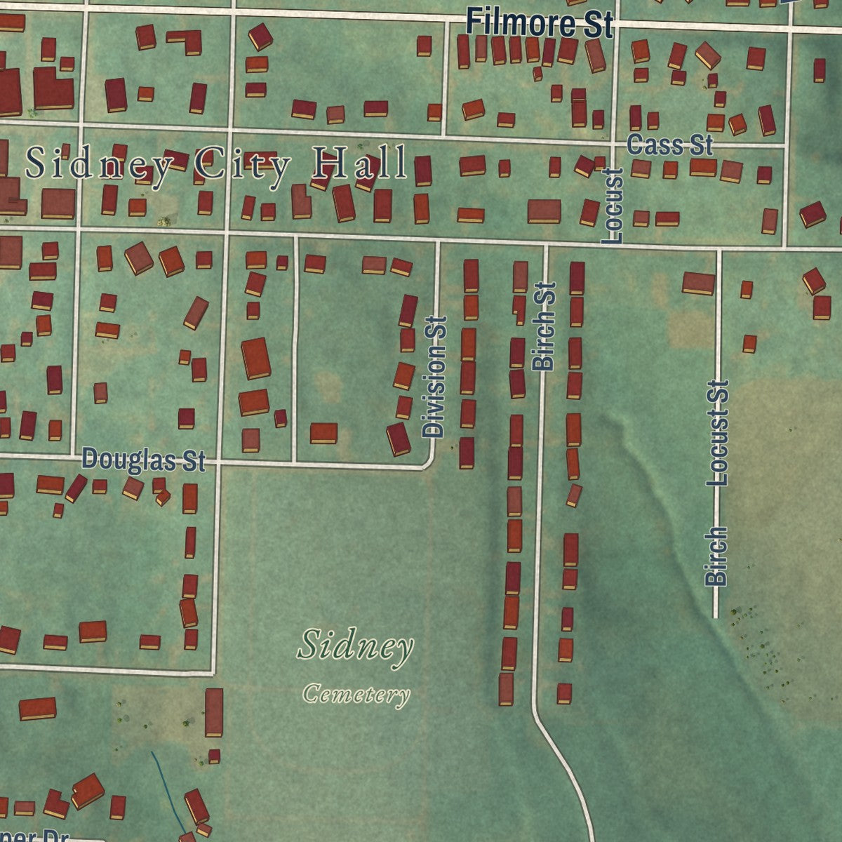 Second close-up of the map of Sidney, Iowa print showing more streets and buildings