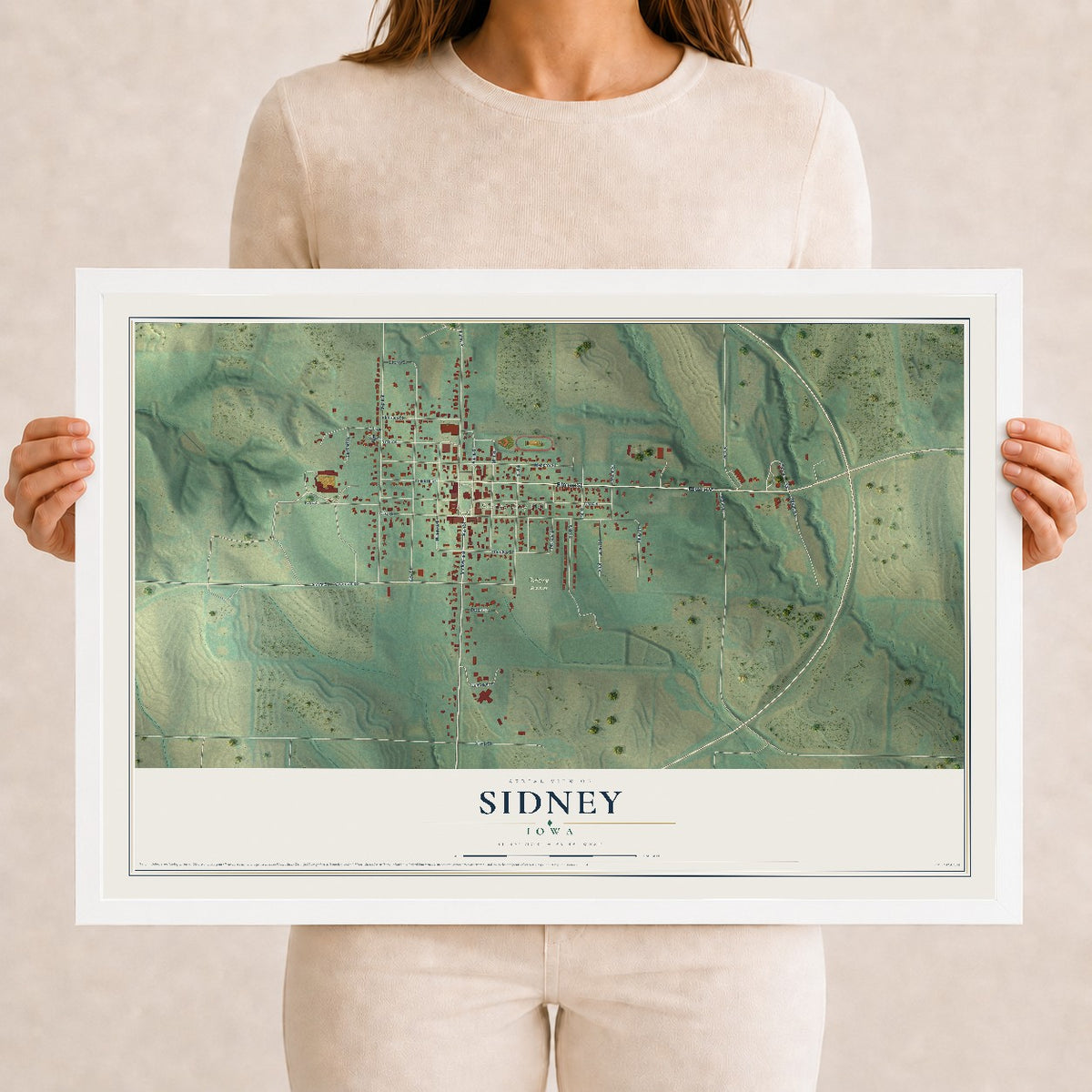 Map of Sidney, Iowa, 12 x 18 inch print in a white wood frame