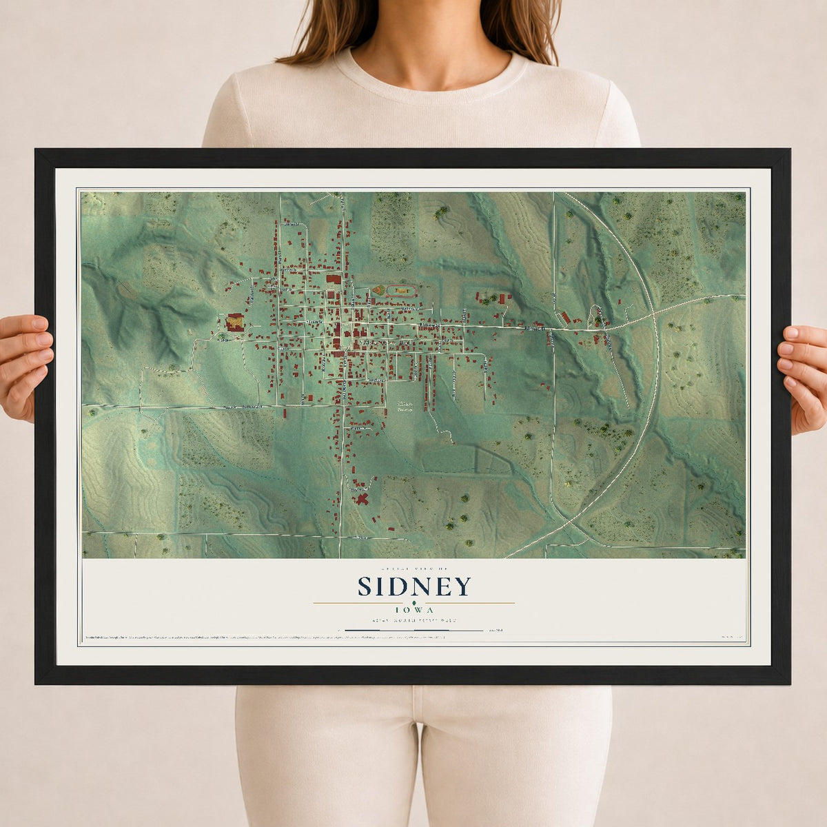 Map of Sidney, Iowa, 18 x 24 inch print in a black wood frame